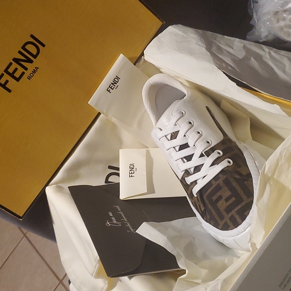 Fendi Force Brown FF Canvas White Platform FF Logo Low Top Trainer Sneaker - Picture 4 of 8